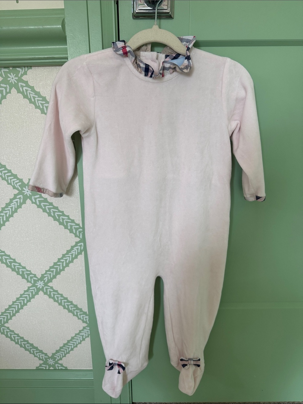 bella bliss Light Pink Footed One-Piece with Plaid Ruffle Collar
